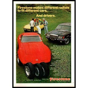1974 Firestone Tires Vintage Color Print Ad Corvette Mercedes Benz Porsche Art